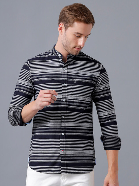 

Double Two Men Grey Smart Striped Casual Shirt