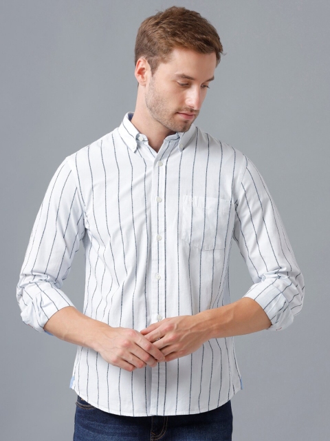 

Double Two Men White & Navy Blue Smart Striped Casual Shirt
