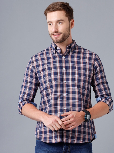 

Double Two Men Navy Blue Smart Checked Casual Shirt