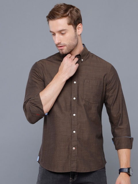 

Double Two Men Brown Smart Button-Down Collar Casual Shirt