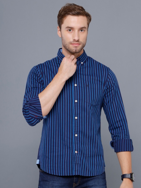 

Double Two Men Navy Blue Smart Striped Casual Shirt
