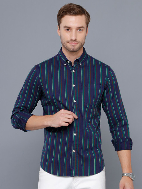 

Double Two Men Green & Blue Smart Striped Casual Shirt
