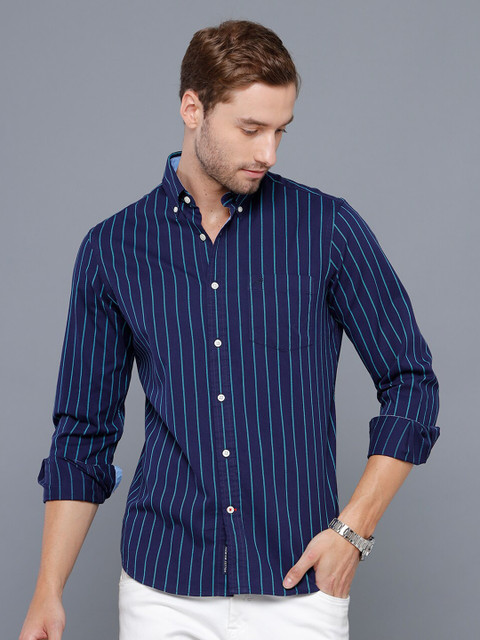 

Double Two Men Navy Blue Smart Striped Casual Shirt