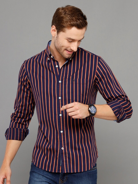

Double Two Men Navy Blue & Red Smart Striped Casual Cotton Shirt