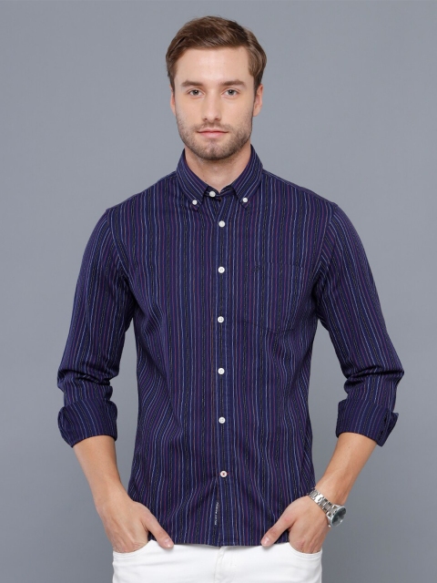 

Double Two Men Navy Blue Smart Striped Casual Shirt