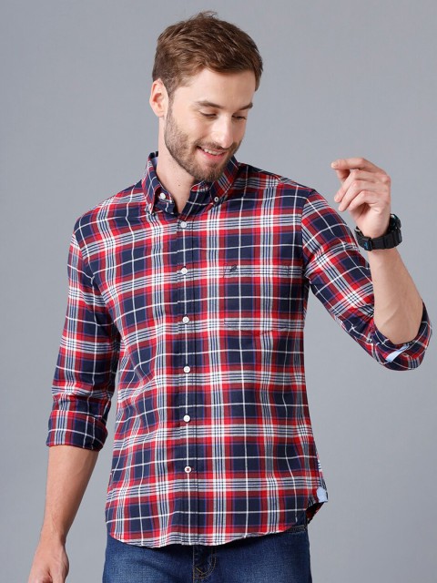 

Double Two Men Red & Navy Blue Smart Tartan Checked Casual Shirt