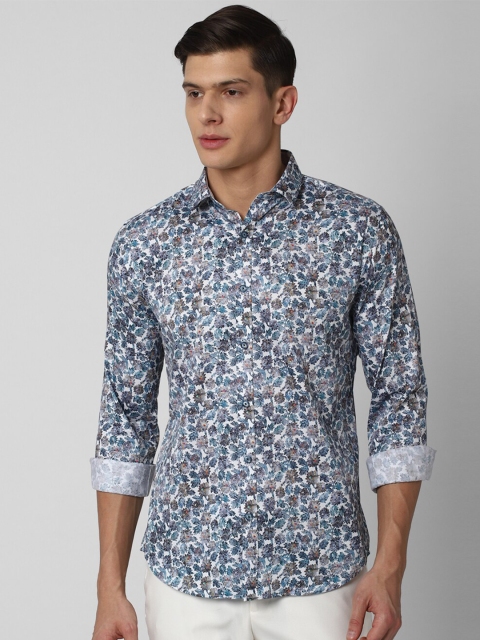 

V Dot Men Grey & Blue Slim Fit Floral Printed Pure Cotton Casual Shirt