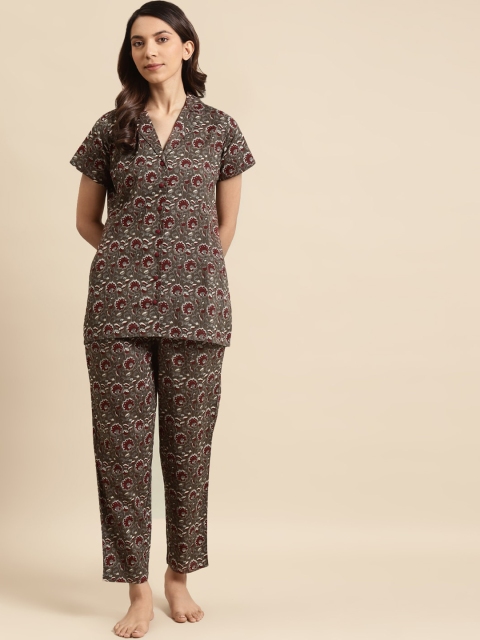 

AASI - HOUSE OF NAYO Women Taupe & Brown Printed Pure Cotton Nightsuit