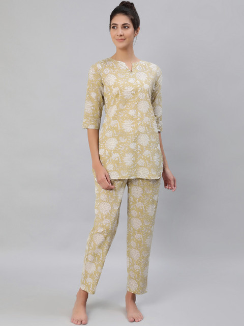 

AASI - HOUSE OF NAYO Women Olive Green Floral Print Pure Cotton Night Suits