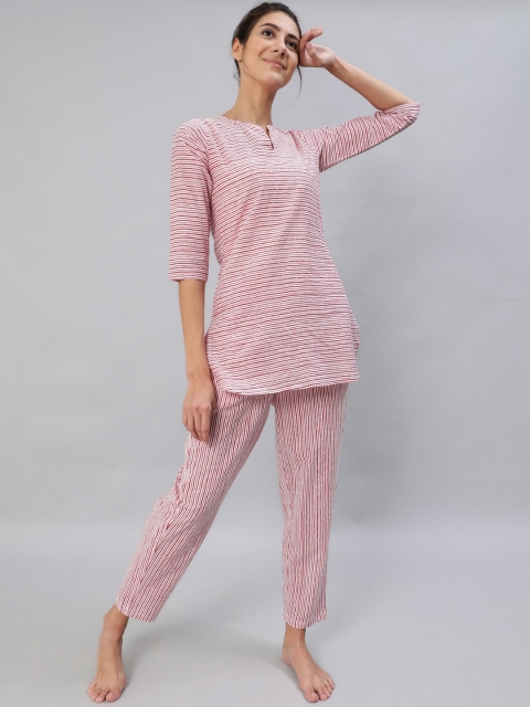 

AASI - HOUSE OF NAYO Women Pink Striped Pure Cotton Night Suits