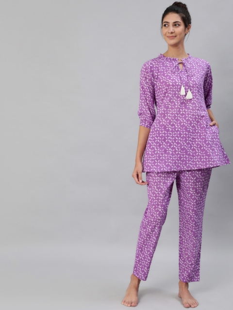 

AASI - HOUSE OF NAYO Women Purple & White Pure Cotton Printed Night suit