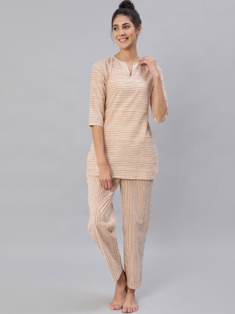 

AASI - HOUSE OF NAYO Women Mustard Yellow Stripes Print Pure Cotton Night Suits