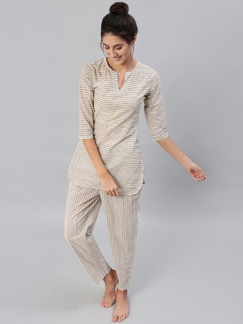 

AASI - HOUSE OF NAYO Women Brown & White Striped Cotton Night suit