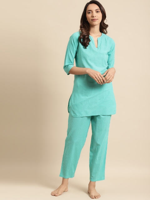 

AASI - HOUSE OF NAYO Women Sea Green & White Striped Cotton Night suit