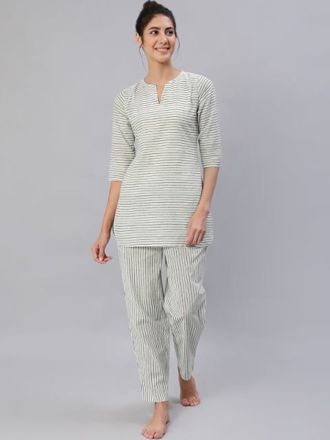 

AASI - HOUSE OF NAYO Women Green & White Striped Pure Cotton Night suit