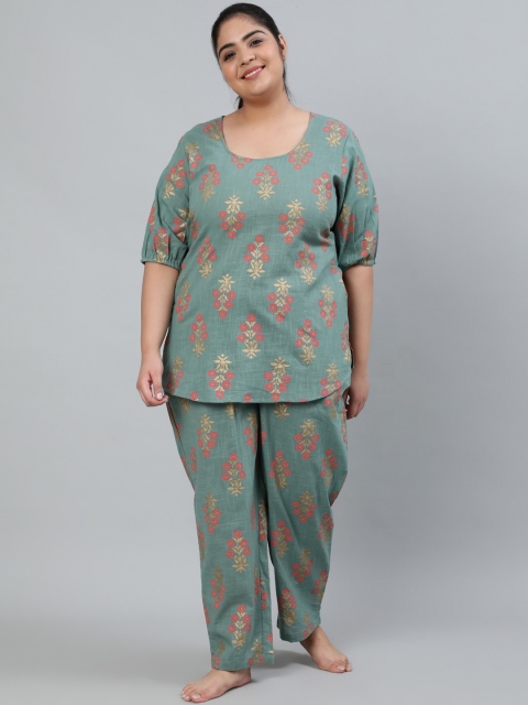 

AASI - HOUSE OF NAYO Women Green & Pink Cotton Printed Night suit