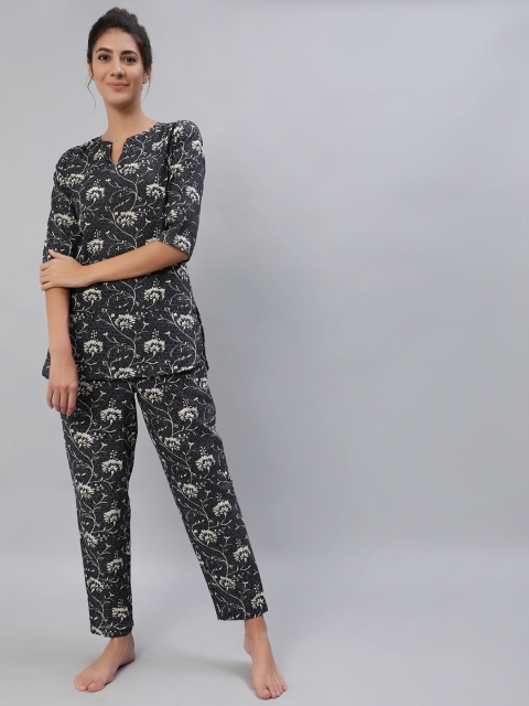 

AASI - HOUSE OF NAYO Women Black & Grey Printed Pure Cotton Night suit