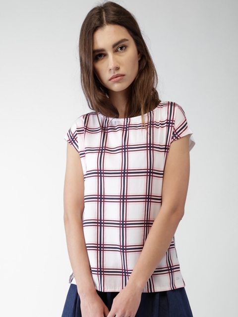 

Tommy Hilfiger Women White & Pink Checked Top