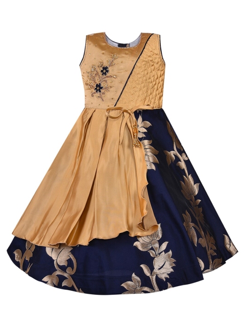 

Wish Karo Navy Blue & Gold-Toned Floral Embroidered Satin Dress