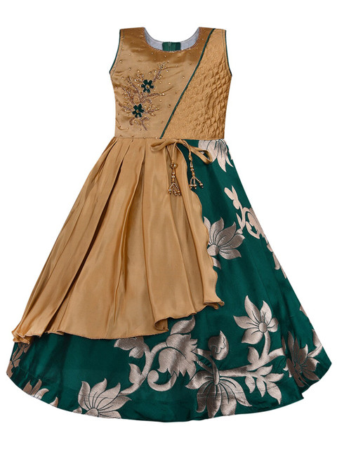 

Wish Karo Girls Green & Beige Floral Silk Gown Dress
