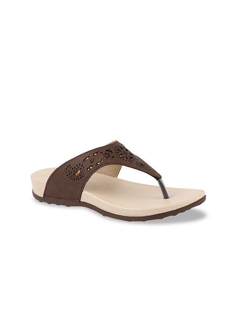 

WELCOME Women Brown Textured T-Strap Flats with Laser Cuts