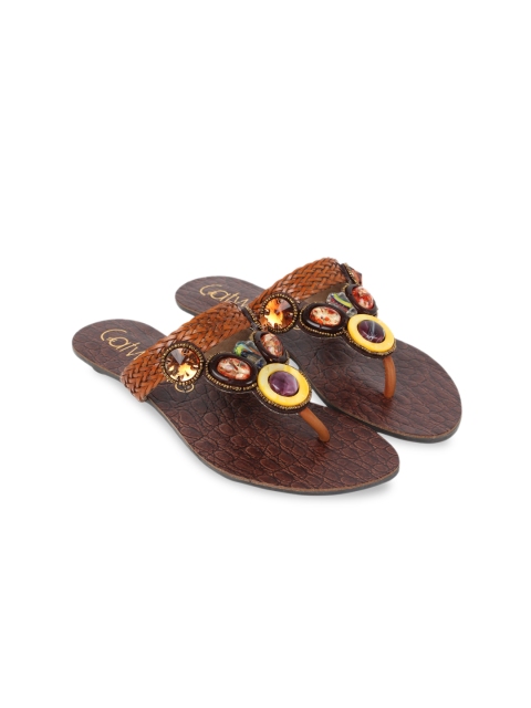 

Catwalk Women Brown Embellished Leather Ethnic T-Strap Flats