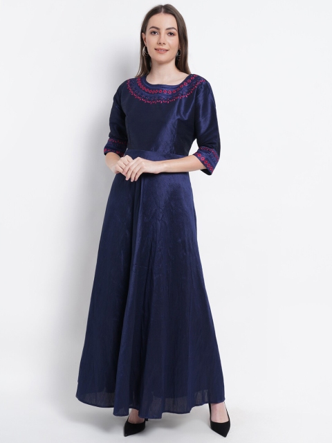 

WESTCLO Navy Blue Embroidered Satin Maxi Dress