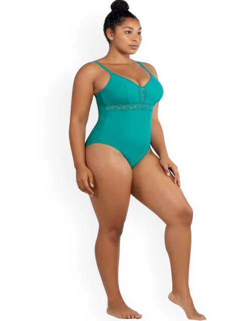

PARFAIT Women Turquoise Blue Solid Swim Bodysuit With Lace Details