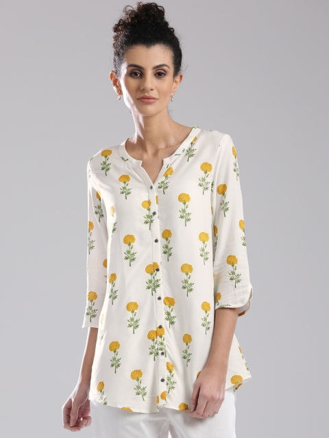 

W Women White & Green Printed Collarless Shirt