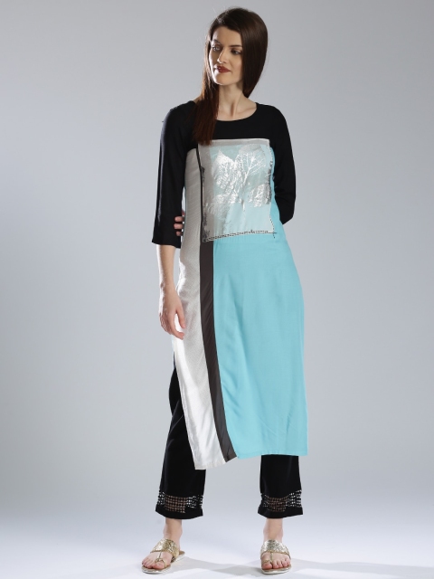 

W Women Blue & Black Printed Straight Sustainable Kurta