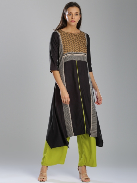 

W Women Black Woven Design Asymmetric A-Line Kurta