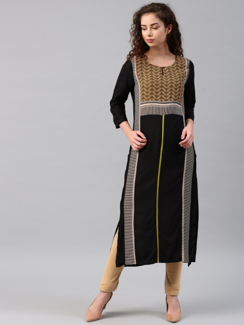 

W Women Black & Beige Woven Design Straight Kurta