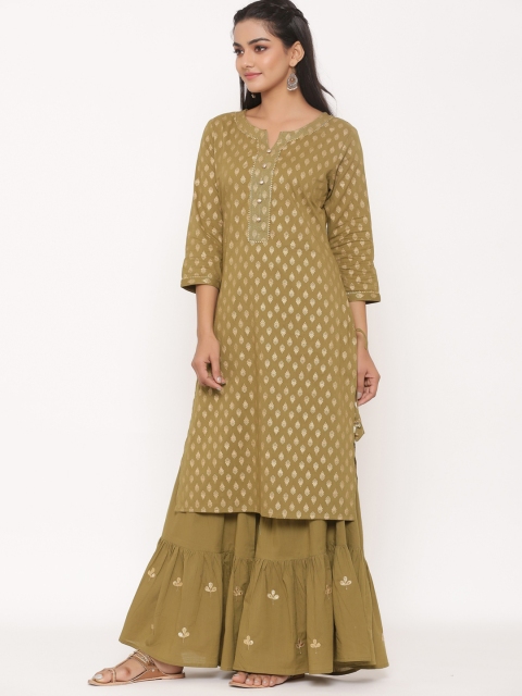 

fabGLOBAL Women Olive Green Ethnic Motifs Printed Pure Cotton Kurta with Sharara