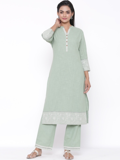 

fabGLOBAL Women Green Embroidered Pure Cotton Kurta with Trousers