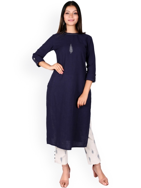 

fabGLOBAL Women Navy Blue Pure Cotton Kurta with Trousers
