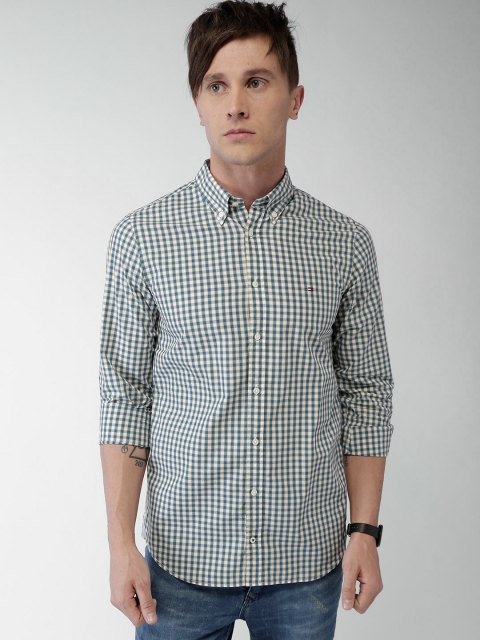 

Tommy Hilfiger Off-White & Green Slim Fit Checked Casual Shirt