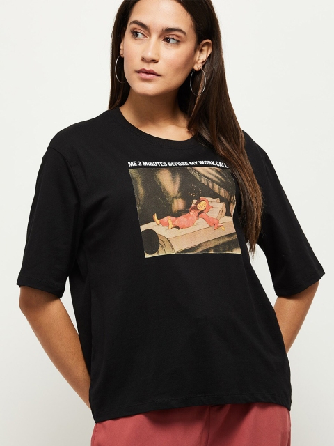 

max Women Black Printed Loose T-shirt
