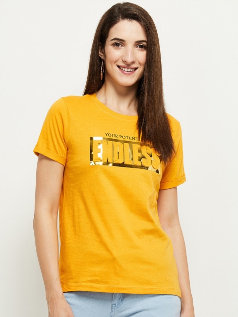 

max Women Yellow Typography Printed T-shirt