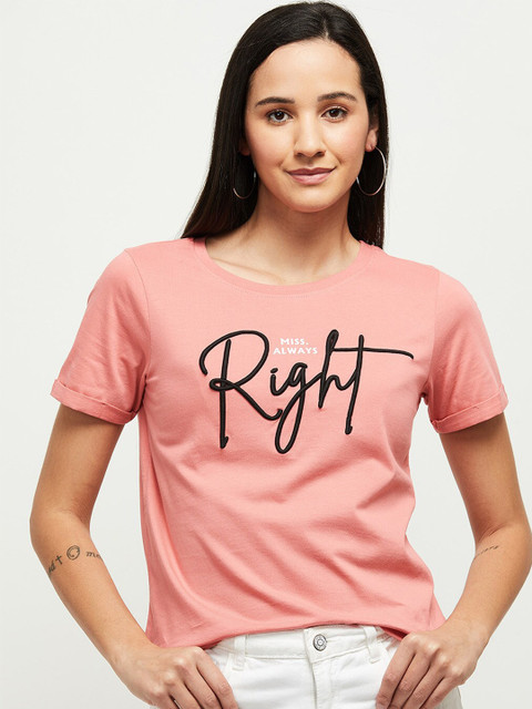 

max Women Peach-Coloured & Black Typography Printed Cotton Round Neck T-shirt