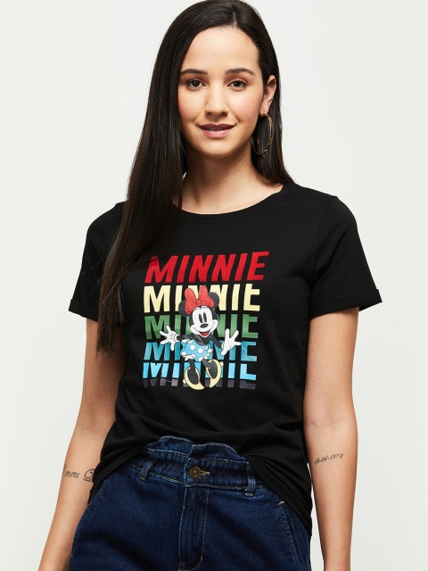 

max Women Black Typography Printed Cotton T-shirt