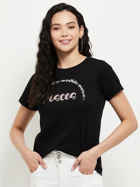 

max Women Black Typography Printed Pure Cotton T-shirt