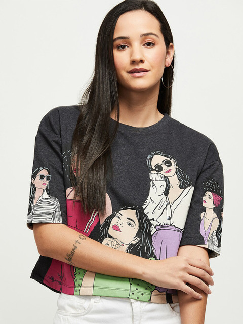 

max Women Grey & Purple Printed T-shirt