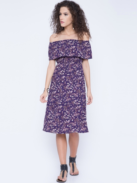 

Tokyo Talkies Women Purple Printed Off-Shoulder A-Line Dress