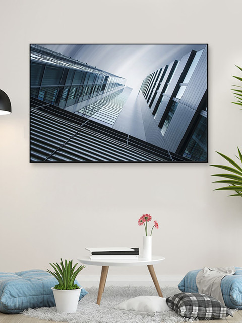 

WALLMANTRA Blue Underside panoramic Skyscrapers Framed Canvas Wall Painting