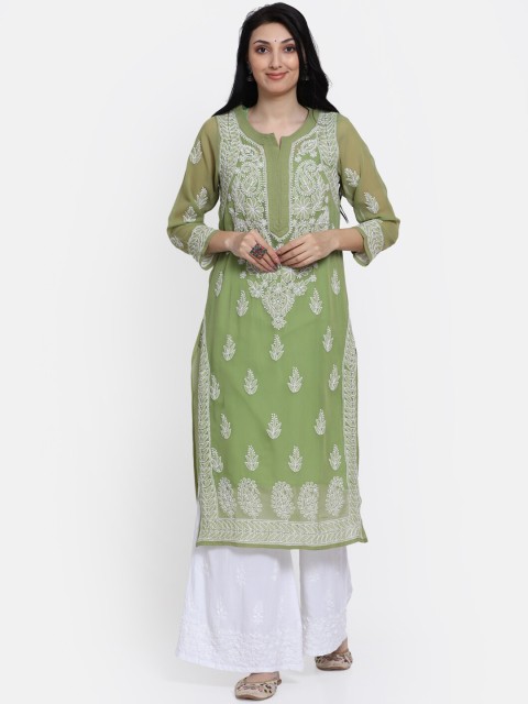 

PARAMOUNT CHIKAN Women Olive Green Ethnic Motifs Thread Work Floral Georgette Kurta