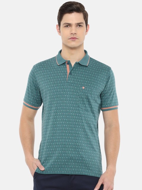 

Louis Philippe Men Green & White Printed Polo Collar Pure Cotton T-shirt