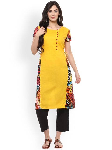 

Pannkh Women Yellow Printed Straight Kurta