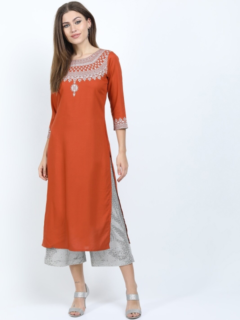 

Vishudh Women Rust Orange Printed Straight Kurta