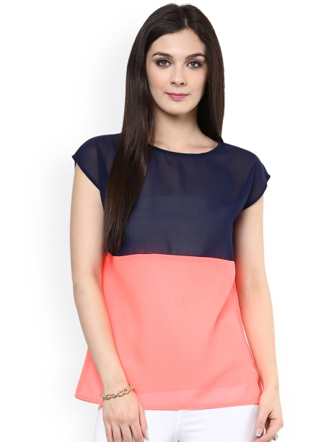 

Pannkh Blue & Coral Pink Colourblocked Top