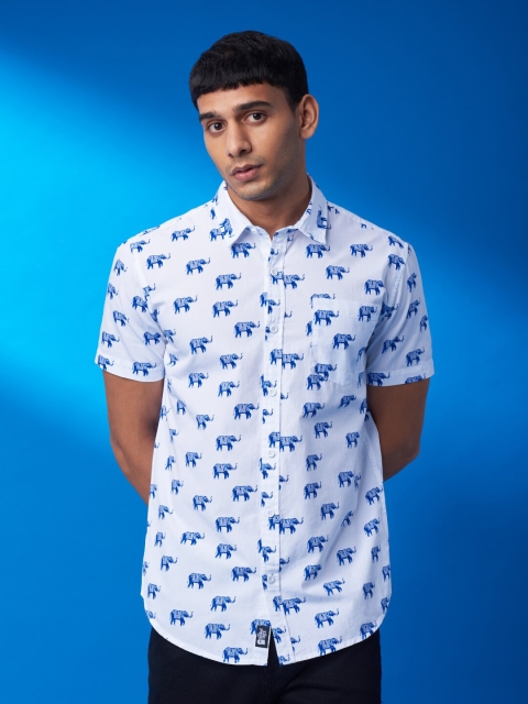 

The Souled Store Men White & Blue Comfort Elephant Printed Cotton Casual Shirt